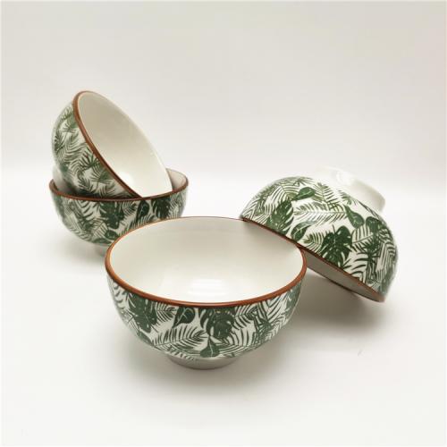 4.5inch porcelain bowl with green leaves design for soup rice bowl