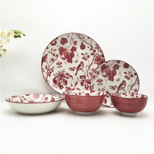 Burgundy Red Flower and birds design dinnerware supplier