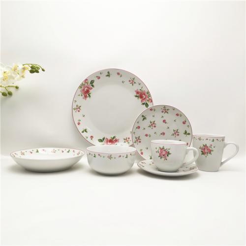 Classic Pink Flower and Green Leaves Porcelain Dinnerware: A Timeless Elegance for Your Table