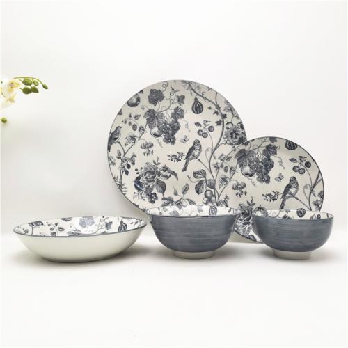 Exquisite Dark Grey Porcelain Dinnerware with Enchanting Flower and Birds Design