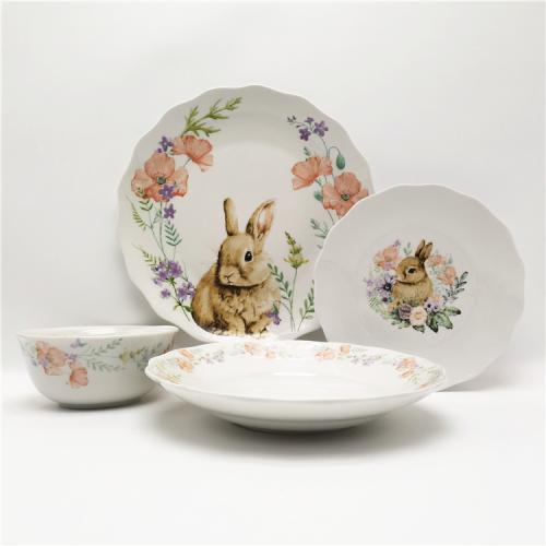 Rabbit design cut edge fine porcelain dinnerware supplier