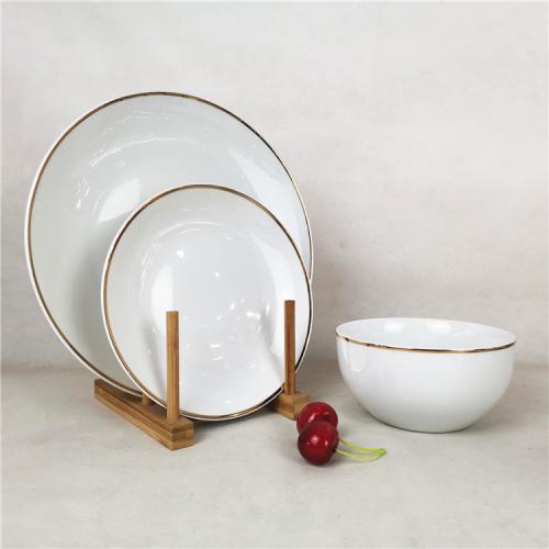 12pcs Classic Gold Trimmed Rimmed Fine Porcelain Round Shape Dinnerware 