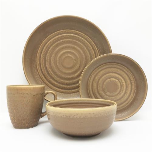 Matter Brown Color Reactive Glazed Embossed Stoneware Dinnerware 