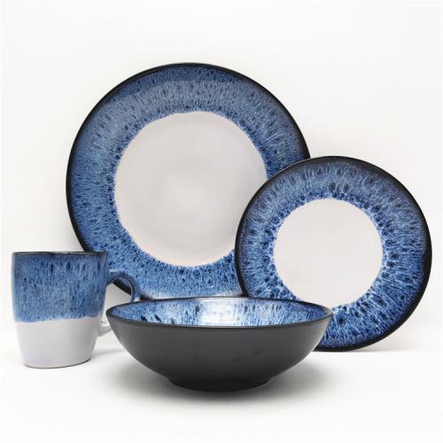 Blue and White Color Reactive Glazed Embossed Stoneware Dinnerware Set