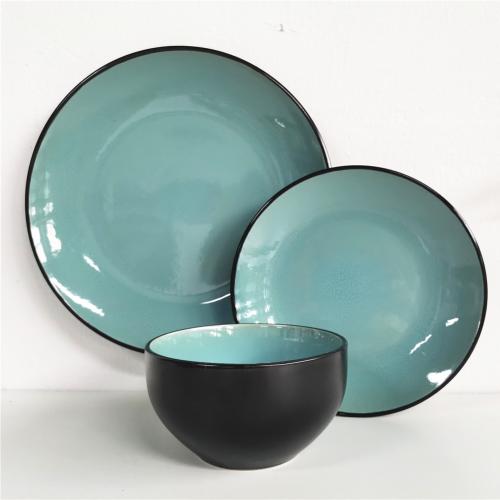 Blue and Black Color Reactive Glazed Ceramic Stoneware 12pcs Dinner Set for  4 Persons 