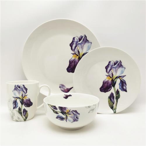 Iris Flower Design16pcs Decaled Fine Porcelain Dinner Set for 4 Persons 