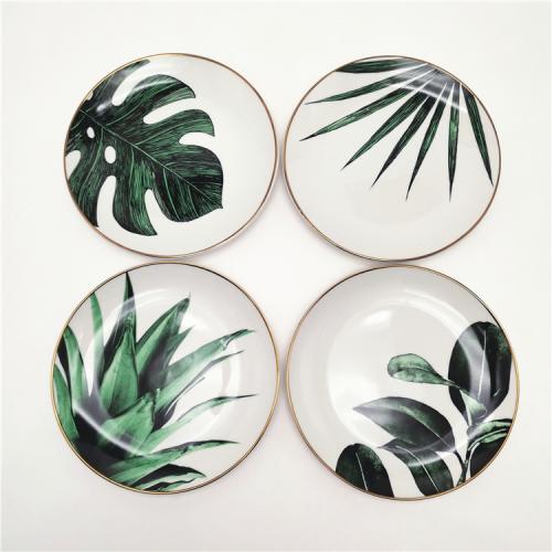 Set of 4pcs 7.5inch Green Leaves Design with Gold Rim 