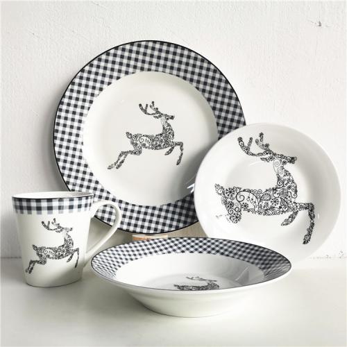 16pcs Grey Color Raindeer Design Porcelain Dinnerware Set for 4 Persons 