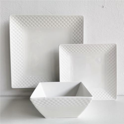 Checkerboard Embossed Pure White Square Shape Dinnerware Set 